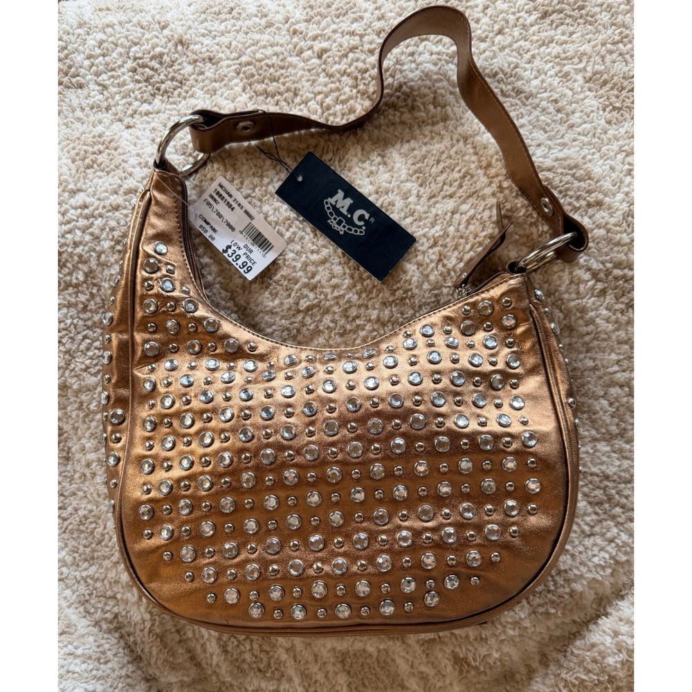 M.C. Bronze Metallic Rhinestone Studded Hobo Shoulder Bag Y2K 2183 BRNZ NWT